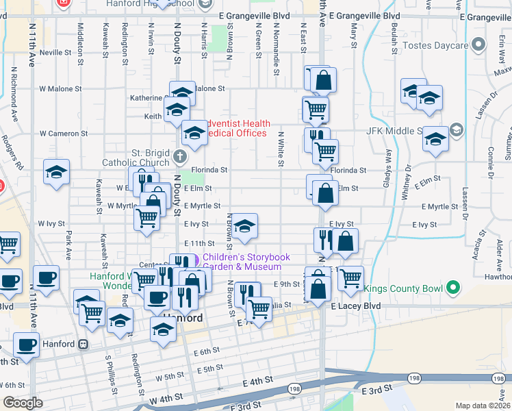 map of restaurants, bars, coffee shops, grocery stores, and more near 323 East Myrtle Street in Hanford