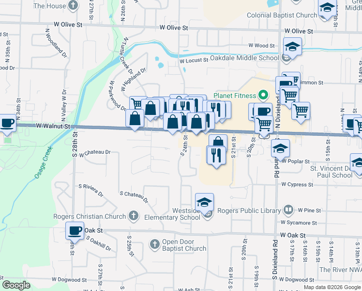 map of restaurants, bars, coffee shops, grocery stores, and more near 202 South 24th Street in Rogers