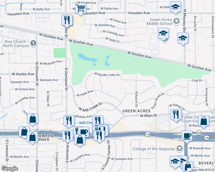 map of restaurants, bars, coffee shops, grocery stores, and more near 450 North O'Farrell Court in Visalia