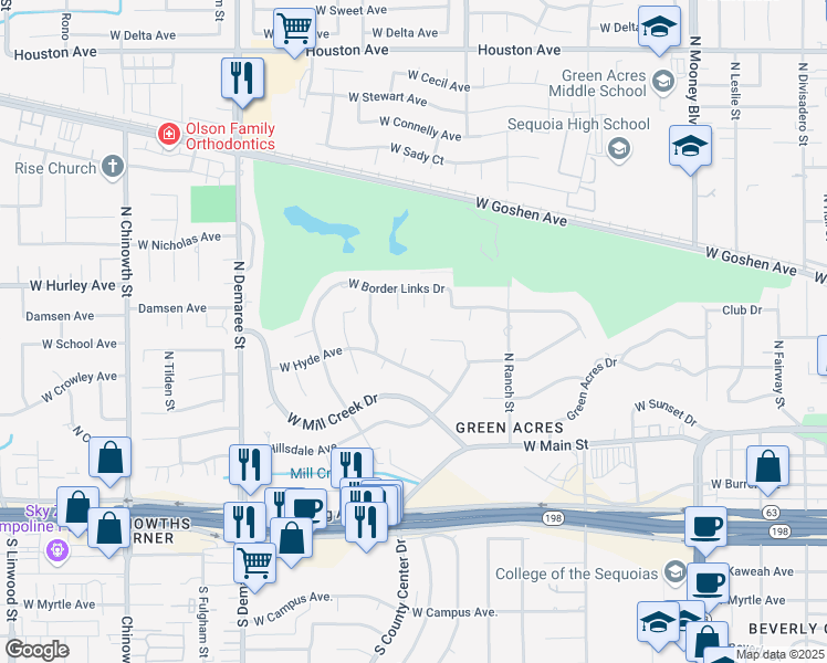 map of restaurants, bars, coffee shops, grocery stores, and more near 450 North O'Farrell Court in Visalia