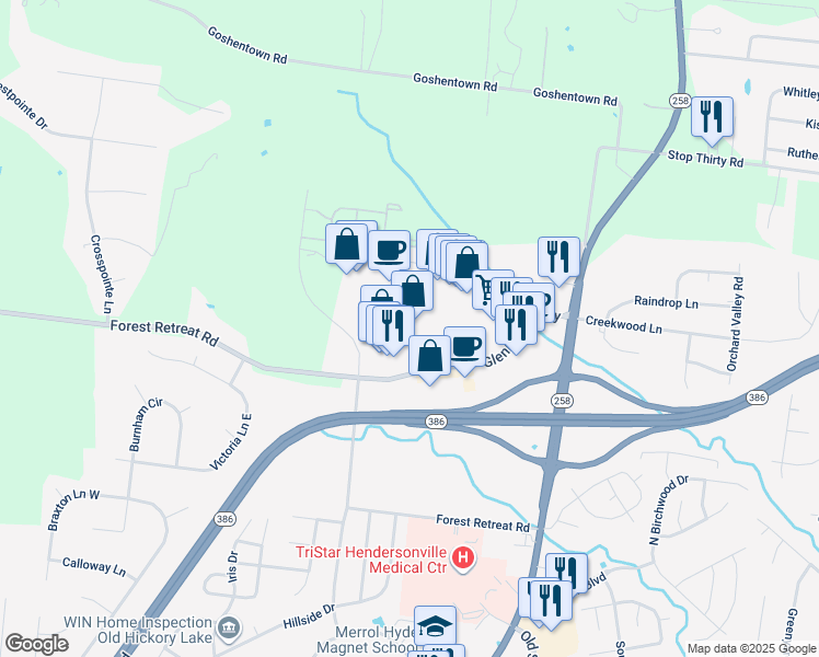 map of restaurants, bars, coffee shops, grocery stores, and more near Glenbrook Way in Hendersonville