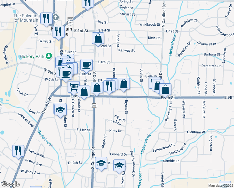 map of restaurants, bars, coffee shops, grocery stores, and more near 613 East 9th Street in Mountain Home