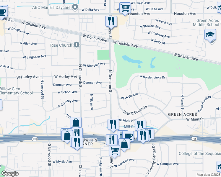 map of restaurants, bars, coffee shops, grocery stores, and more near North Demaree Street & West Mill Creek Drive in Visalia