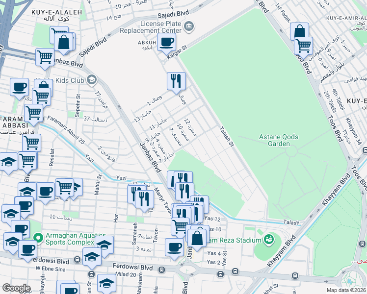 map of restaurants, bars, coffee shops, grocery stores, and more near جانباز 7 in Mashhad