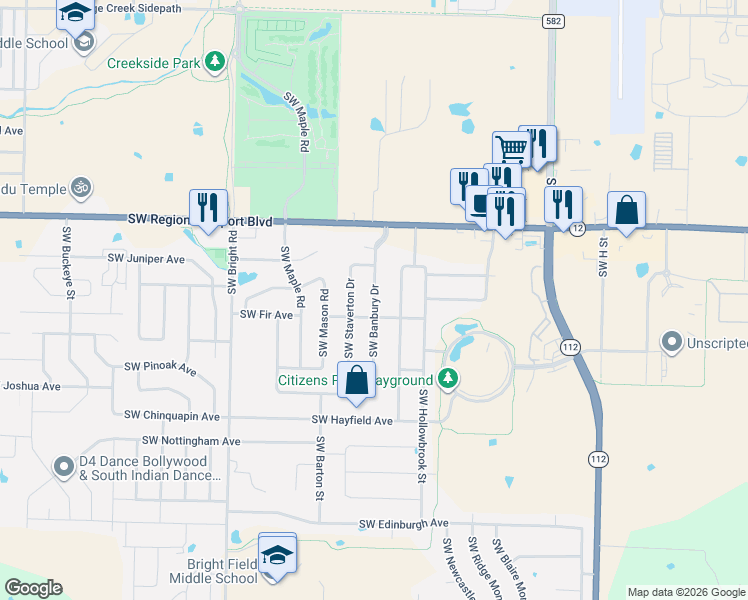 map of restaurants, bars, coffee shops, grocery stores, and more near 3906 Southwest Banbury Drive in Bentonville