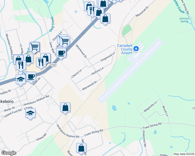 map of restaurants, bars, coffee shops, grocery stores, and more near 312 Wierwood Dr in Jacksboro