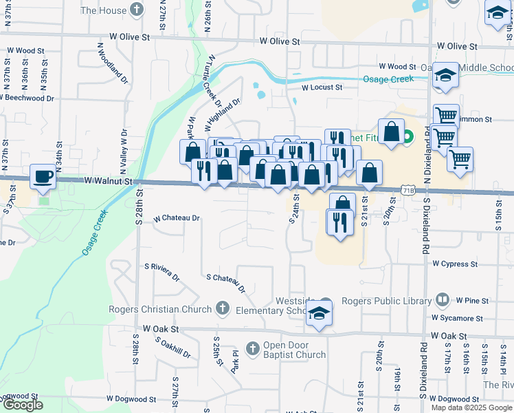 map of restaurants, bars, coffee shops, grocery stores, and more near 2711 West Sayre Lane in Rogers