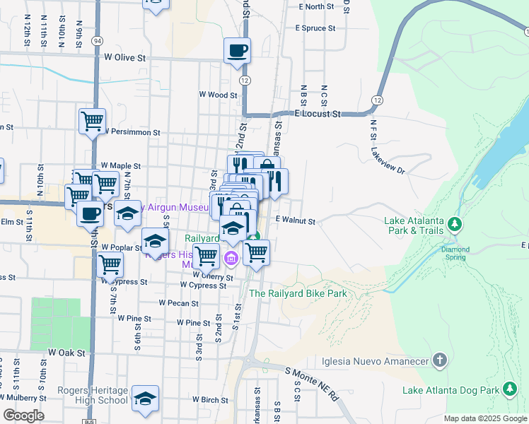 map of restaurants, bars, coffee shops, grocery stores, and more near 102 East Walnut Street in Rogers