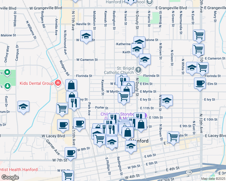 map of restaurants, bars, coffee shops, grocery stores, and more near 215 West Myrtle Street in Hanford
