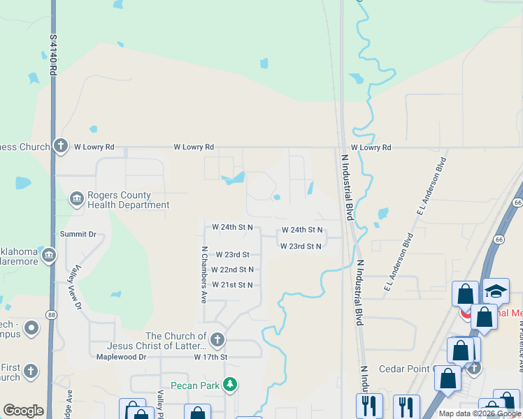 map of restaurants, bars, coffee shops, grocery stores, and more near 836 West 24th Street North in Claremore
