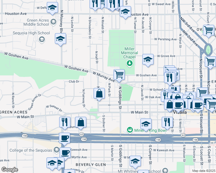 map of restaurants, bars, coffee shops, grocery stores, and more near 407 North Park Street in Visalia