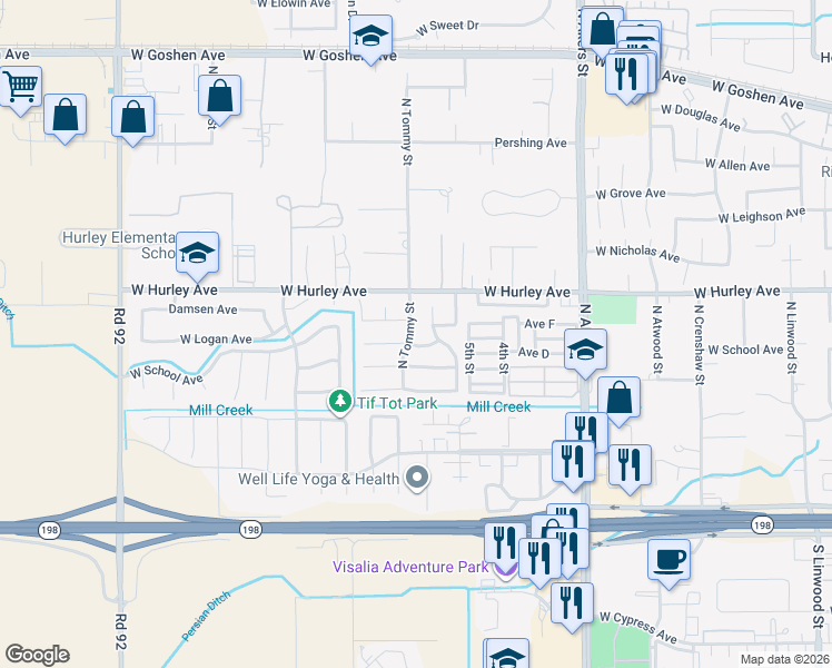map of restaurants, bars, coffee shops, grocery stores, and more near 424 North Tommy Street in Visalia