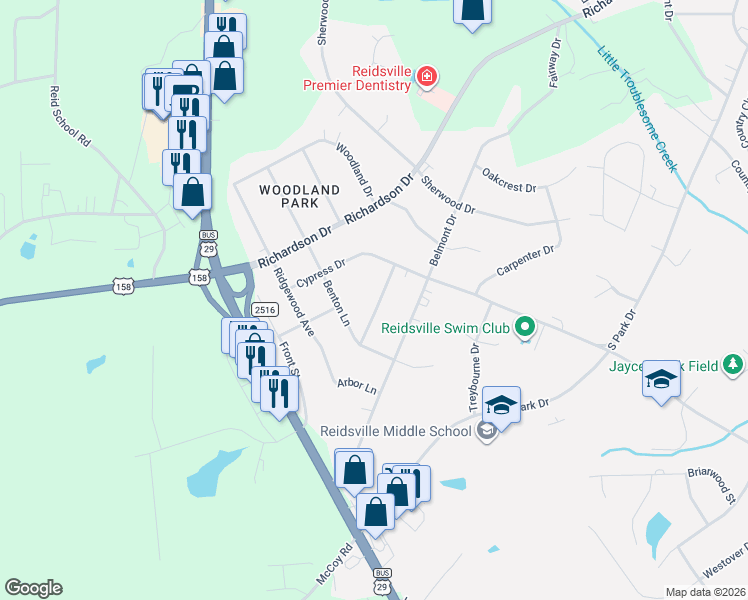 map of restaurants, bars, coffee shops, grocery stores, and more near 2112 Meadowbrook Terrace in Reidsville