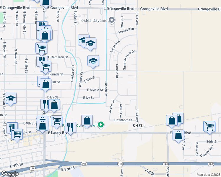 map of restaurants, bars, coffee shops, grocery stores, and more near 1132 East Myrtle Street in Hanford