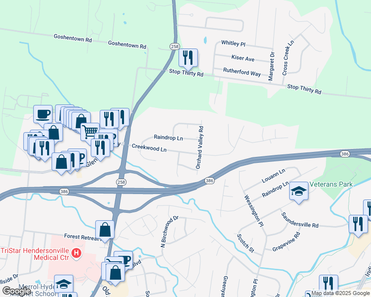 map of restaurants, bars, coffee shops, grocery stores, and more near 127 Creekwood Ln in Hendersonville