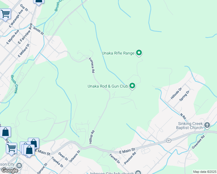 map of restaurants, bars, coffee shops, grocery stores, and more near 116 Furnace Road in Johnson City