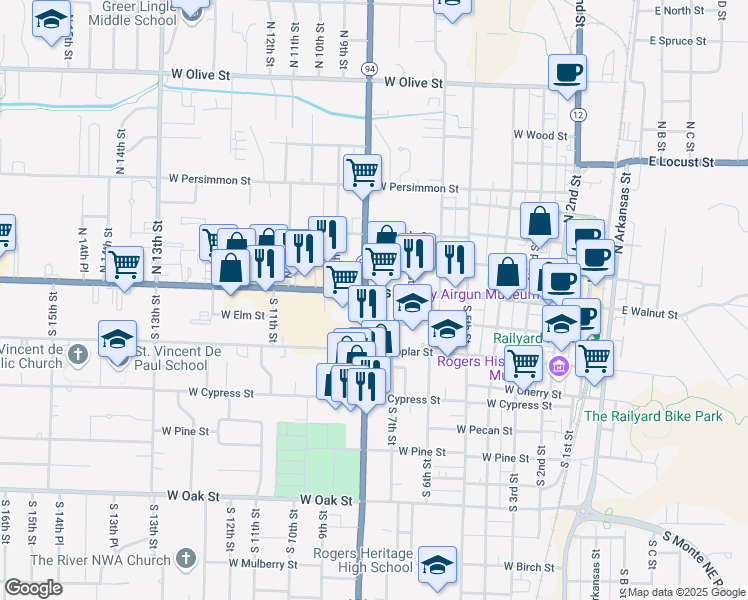 map of restaurants, bars, coffee shops, grocery stores, and more near in Rogers
