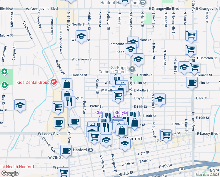 map of restaurants, bars, coffee shops, grocery stores, and more near 215 West Myrtle Street in Hanford