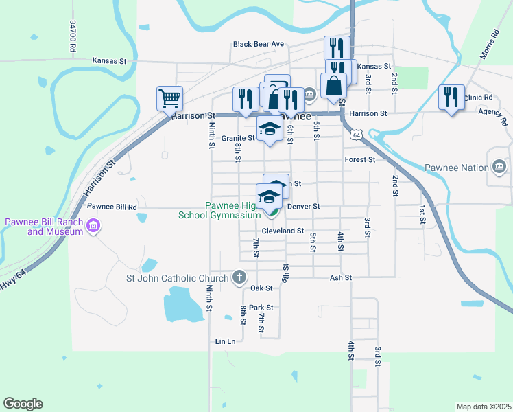 map of restaurants, bars, coffee shops, grocery stores, and more near 615 Denver Street in Pawnee