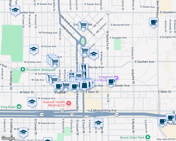 map of restaurants, bars, coffee shops, grocery stores, and more near 404 North Court Street in Visalia
