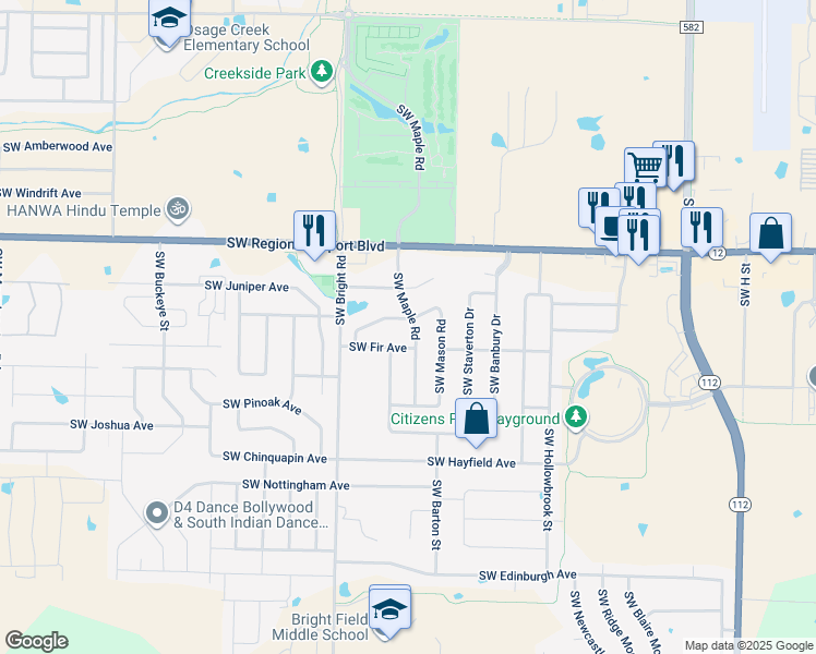 map of restaurants, bars, coffee shops, grocery stores, and more near 3805 Southwest Maple Road in Bentonville