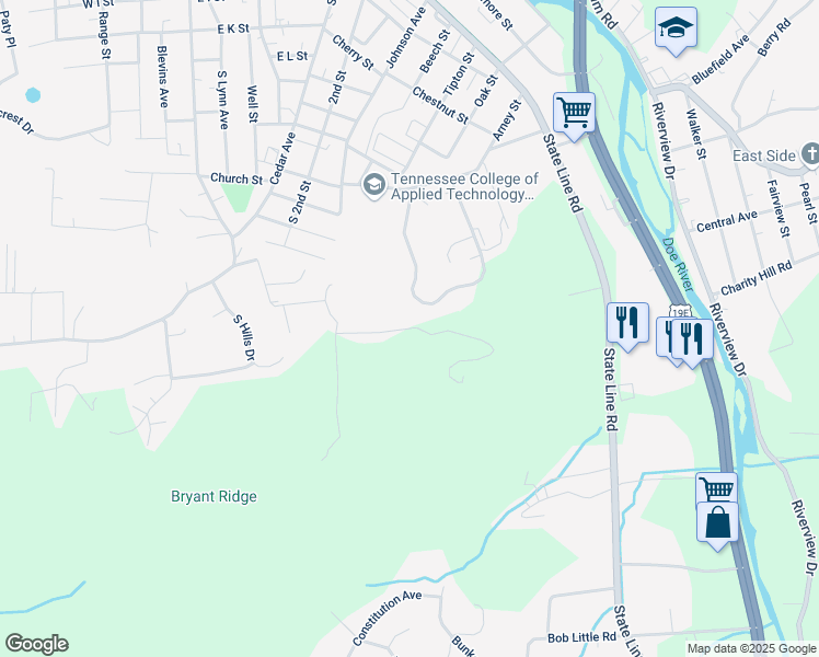 map of restaurants, bars, coffee shops, grocery stores, and more near 783 Sugar Hollow Road in Elizabethton