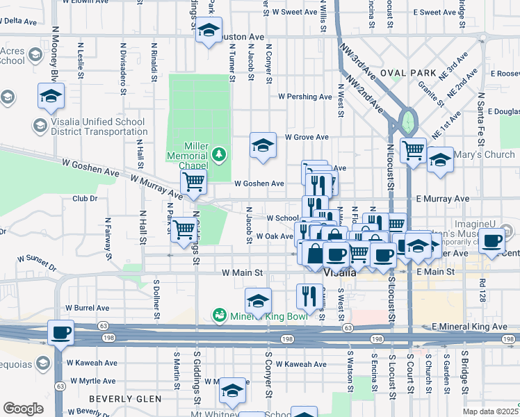 map of restaurants, bars, coffee shops, grocery stores, and more near 909 West Murray Avenue in Visalia