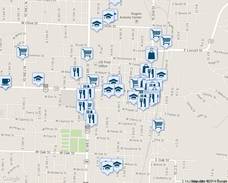 map of restaurants, bars, coffee shops, grocery stores, and more near 500 West Walnut Street in Rogers