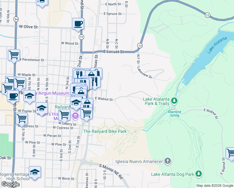 map of restaurants, bars, coffee shops, grocery stores, and more near 411 East Walnut Street in Rogers