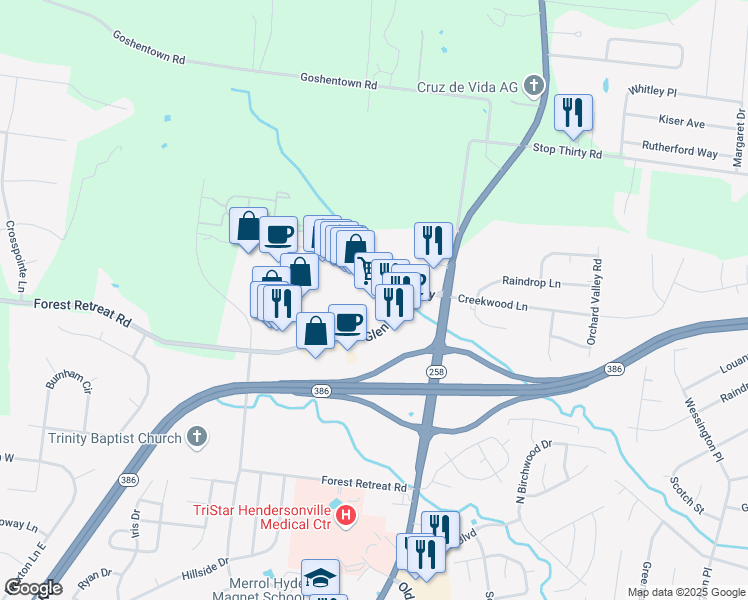 map of restaurants, bars, coffee shops, grocery stores, and more near Glenbrook Way in Hendersonville