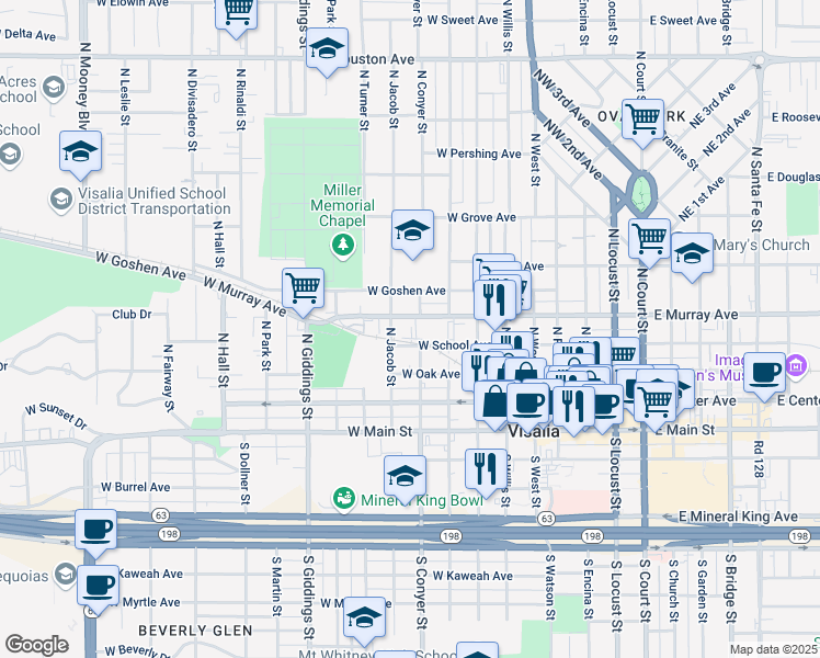 map of restaurants, bars, coffee shops, grocery stores, and more near 909 West Murray Avenue in Visalia