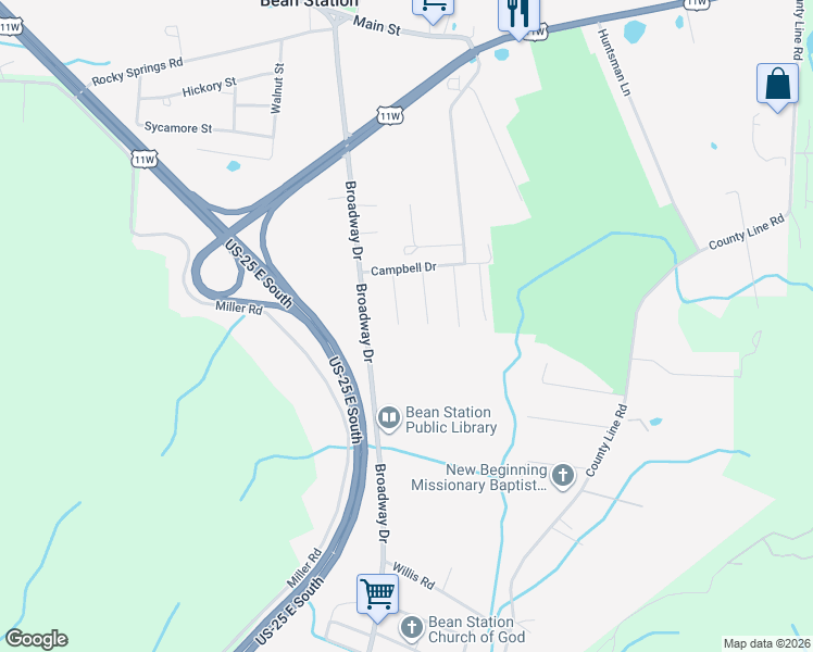 map of restaurants, bars, coffee shops, grocery stores, and more near 207 Ellis Street in Bean Station