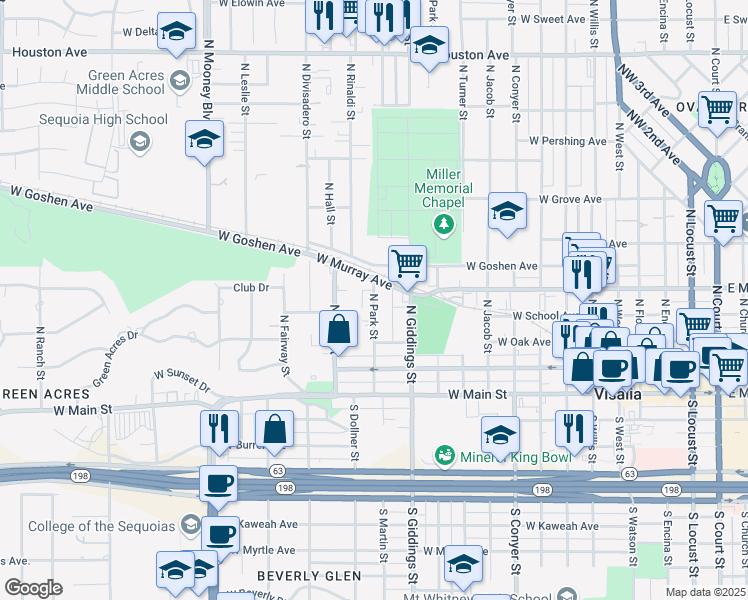 map of restaurants, bars, coffee shops, grocery stores, and more near 423 North Park Street in Visalia