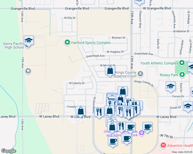 map of restaurants, bars, coffee shops, grocery stores, and more near 868 North Deanza Road in Hanford