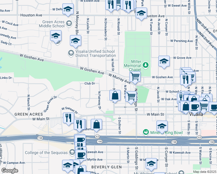 map of restaurants, bars, coffee shops, grocery stores, and more near 408 North Divisadero Street in Visalia