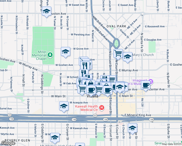 map of restaurants, bars, coffee shops, grocery stores, and more near 400 North West Street in Visalia