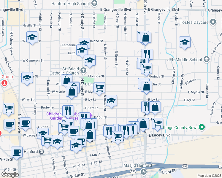 map of restaurants, bars, coffee shops, grocery stores, and more near 323 East Myrtle Street in Hanford