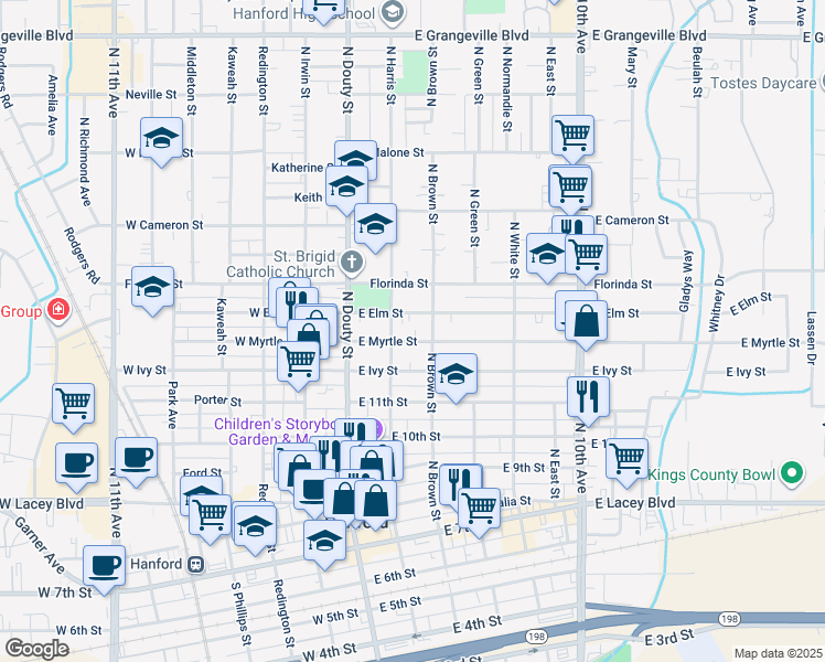 map of restaurants, bars, coffee shops, grocery stores, and more near 231 East Myrtle Street in Hanford