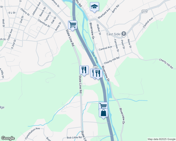 map of restaurants, bars, coffee shops, grocery stores, and more near 1641 19e Bypass in Elizabethton