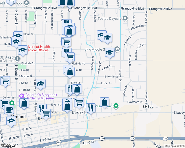 map of restaurants, bars, coffee shops, grocery stores, and more near 803 Gladys Way in Hanford