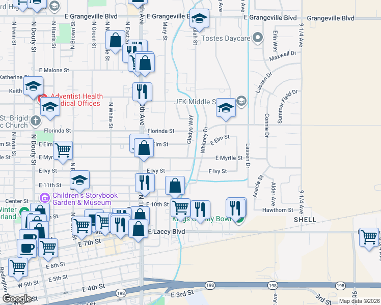 map of restaurants, bars, coffee shops, grocery stores, and more near 803 Gladys Way in Hanford