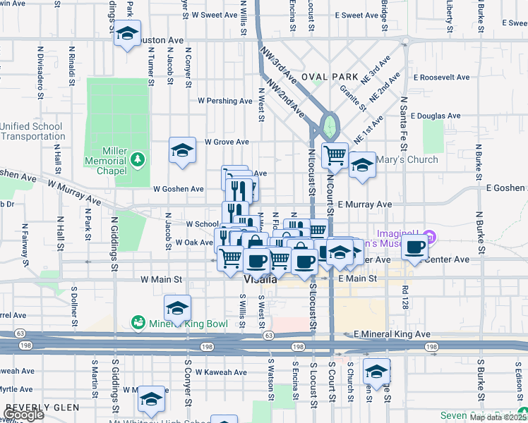 map of restaurants, bars, coffee shops, grocery stores, and more near 400 North West Street in Visalia