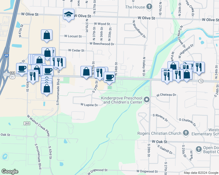map of restaurants, bars, coffee shops, grocery stores, and more near 3500 West Walnut Street in Rogers