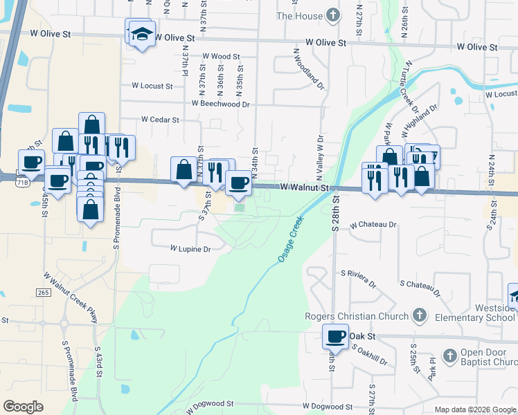 map of restaurants, bars, coffee shops, grocery stores, and more near 3500 West Walnut Street in Rogers