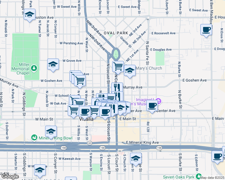 map of restaurants, bars, coffee shops, grocery stores, and more near 120 West School Avenue in Visalia