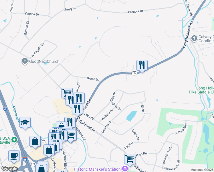 map of restaurants, bars, coffee shops, grocery stores, and more near 601 Long Hollow Pike in Goodlettsville