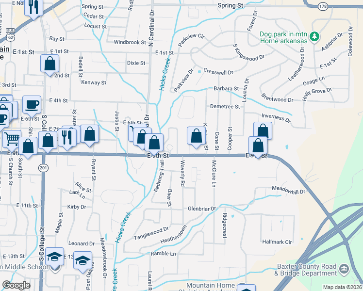 map of restaurants, bars, coffee shops, grocery stores, and more near 1149 East 9th Street in Mountain Home