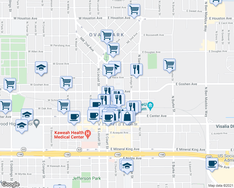 map of restaurants, bars, coffee shops, grocery stores, and more near 418 North Church Street in Visalia