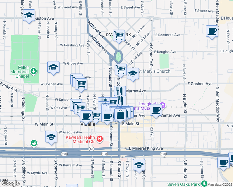 map of restaurants, bars, coffee shops, grocery stores, and more near 115 West Murray Avenue in Visalia
