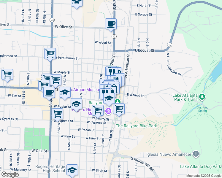 map of restaurants, bars, coffee shops, grocery stores, and more near 202 West Walnut Street in Rogers